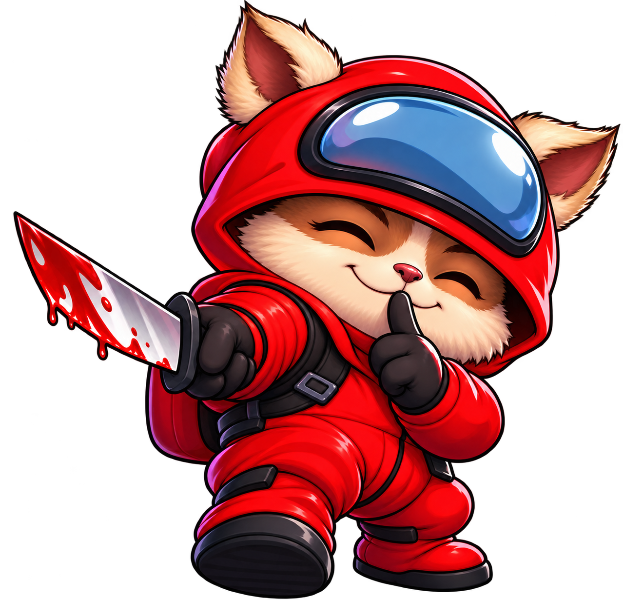 La mascotte de L’Imposteur, un petit personnage en combinaison rouge qui fait chut